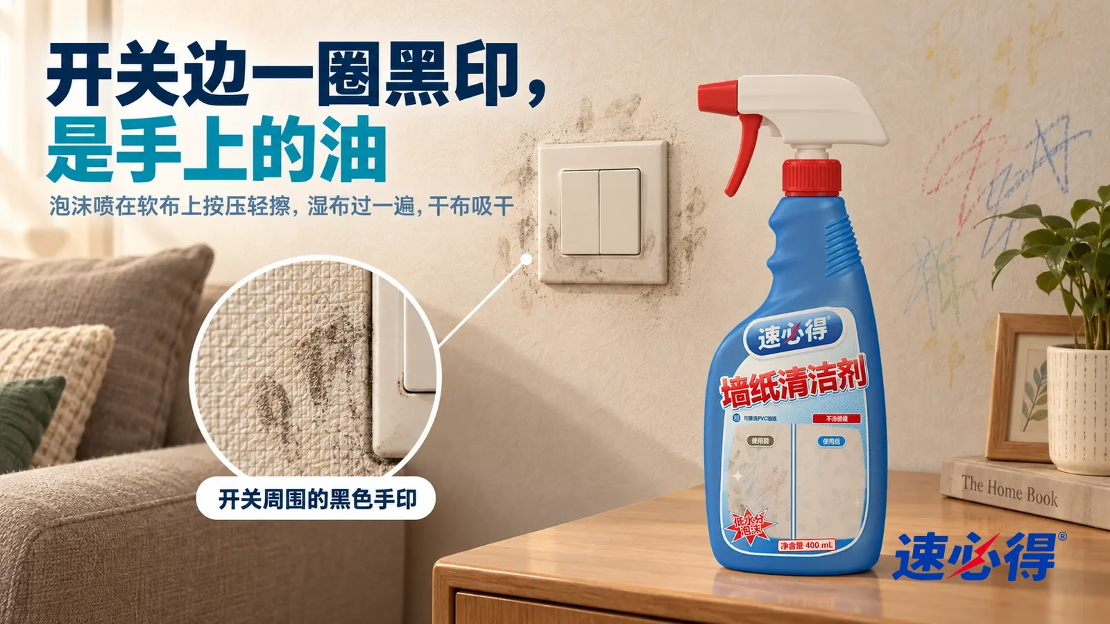 示意图：速必得墙纸清洁剂——家常客厅的一面浅米色压纹 PVC 墙纸墙，侧光斜照下电灯开关面板周围一圈发黑的手印清楚可见，不远处沙发靠墙；产品站在开关下方的边柜台面上，标题“开关边一圈黑印，是手上的油”
