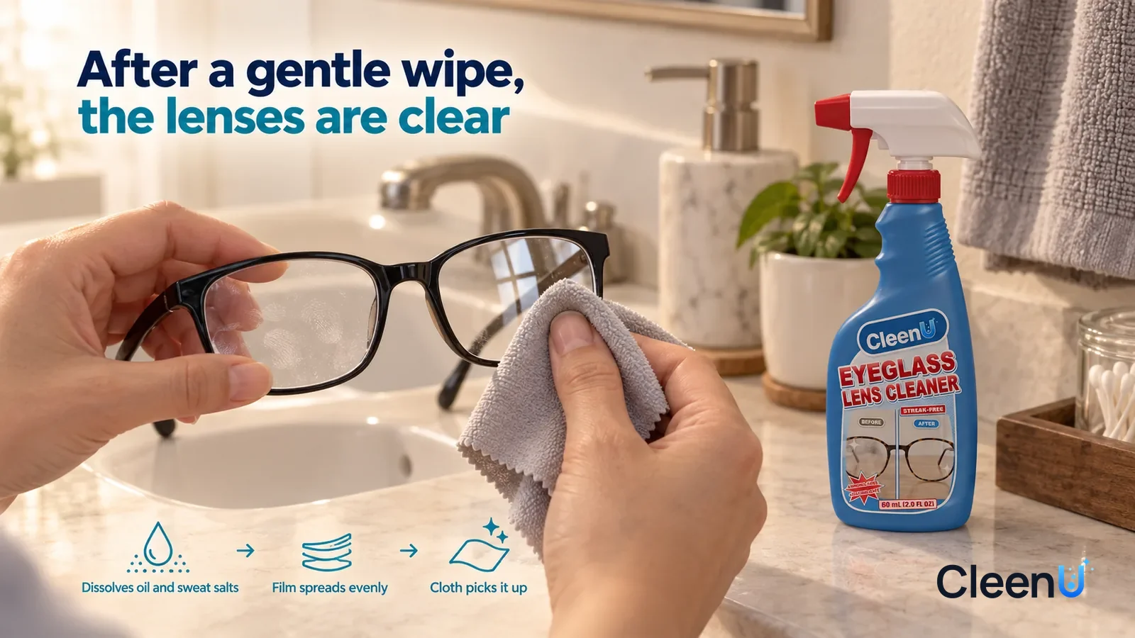 Illustration: CleenU Eyeglass Lens Cleaner — By the sink in a home bathroom, a low close-up of the lenses of black-framed glasses (no brand marks): one hand holds the frame while the ot