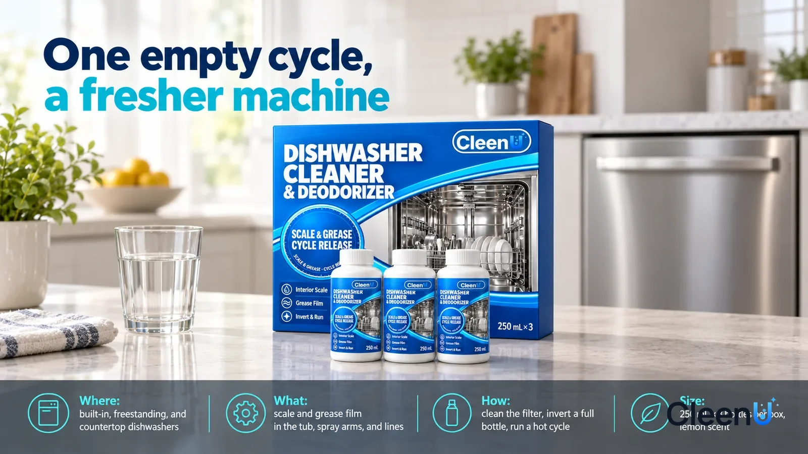 Illustration: CleenU Dishwasher Cleaner & Deodorizer — The whole set stands centered on a kitchen counter, a clear drinking glass beside it