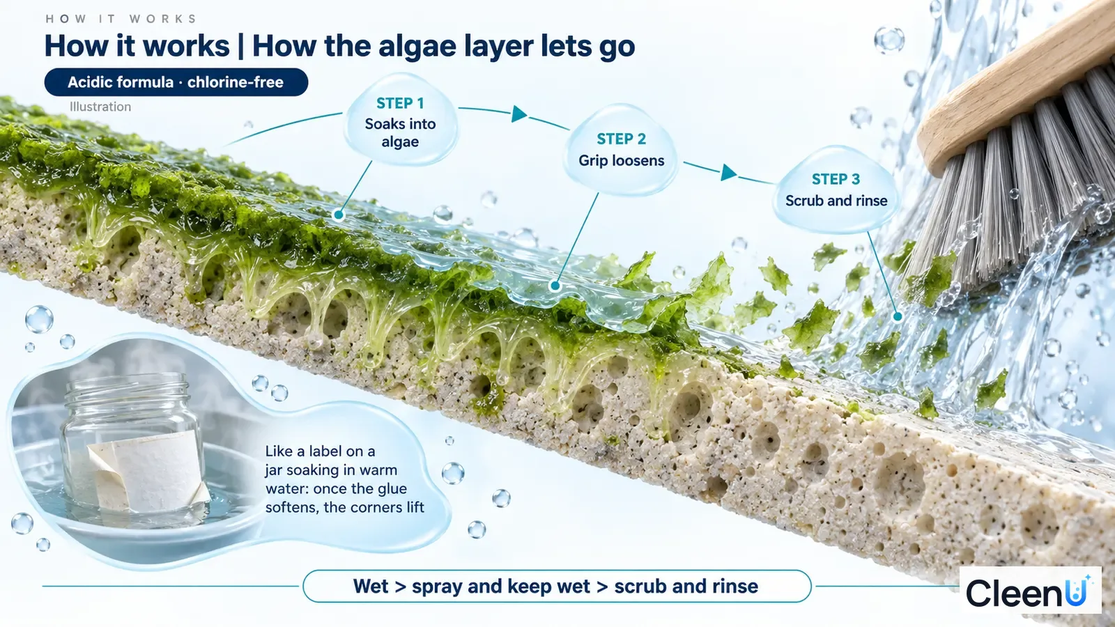 Illustration: A green algae layer on a porous paving cross-section with drops, water and brush bristles.