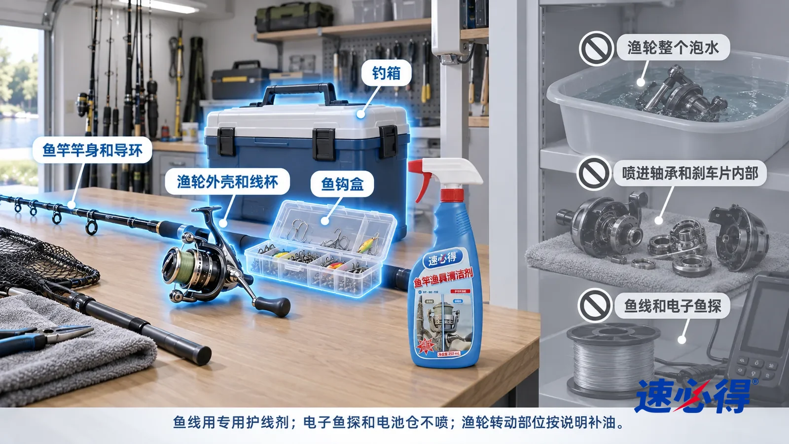 示意图:速必得鱼竿渔具清洁剂——一张写实 3D 剖面实景图,一套明亮的家的车库和储物间,连续空间、一个视角,鱼竿竿身和导环、纺车轮外壳和线杯、打开的鱼钩盒