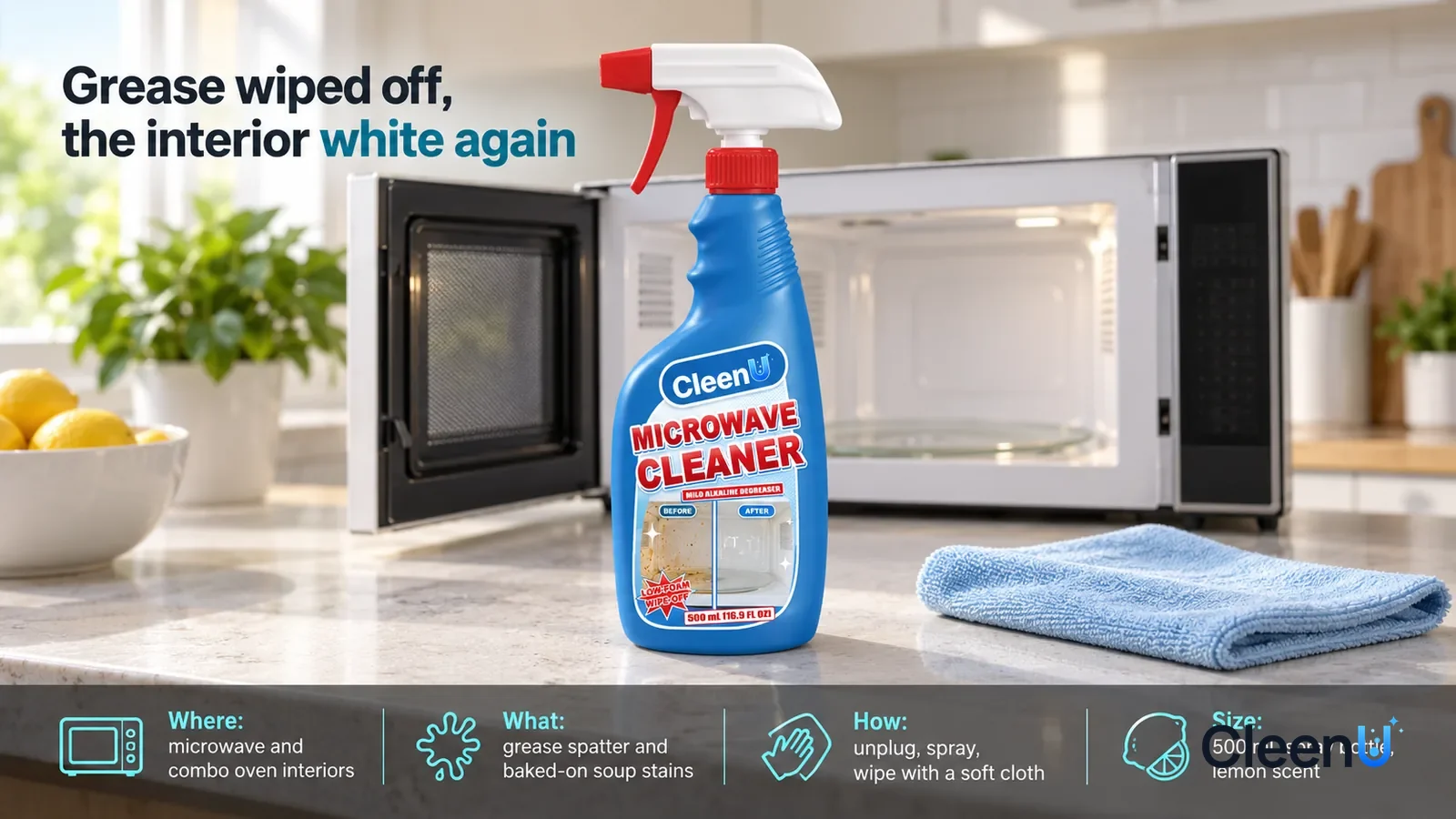 Illustration: CleenU Microwave Cleaner stands centered on a kitchen counter, a light-blue soft cloth beside it