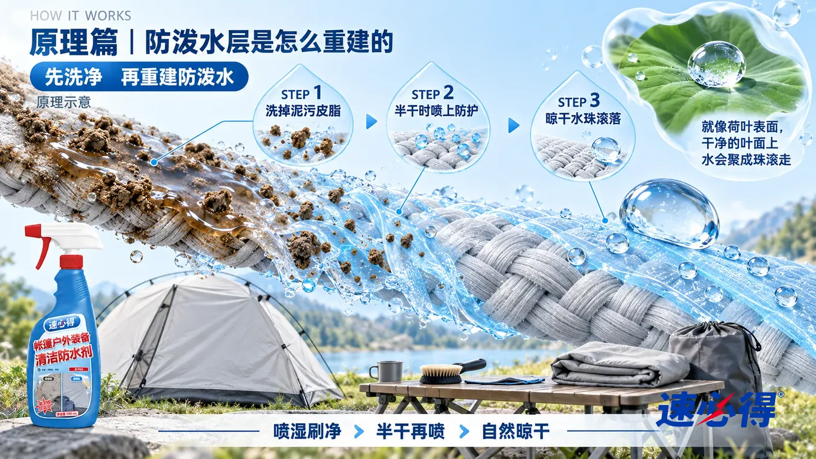 示意图:速必得帐篷户外装备清洁防水剂——同一后院养护区、浅灰双人帐篷、折叠露营桌和软毛刷;各布样使用同一材质织纹