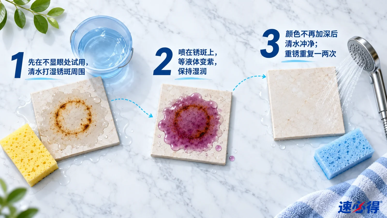 示意图:带棕色锈圈和紫色液体的石材样片、水碗、海绵及冲洗工具,配有编号步骤。