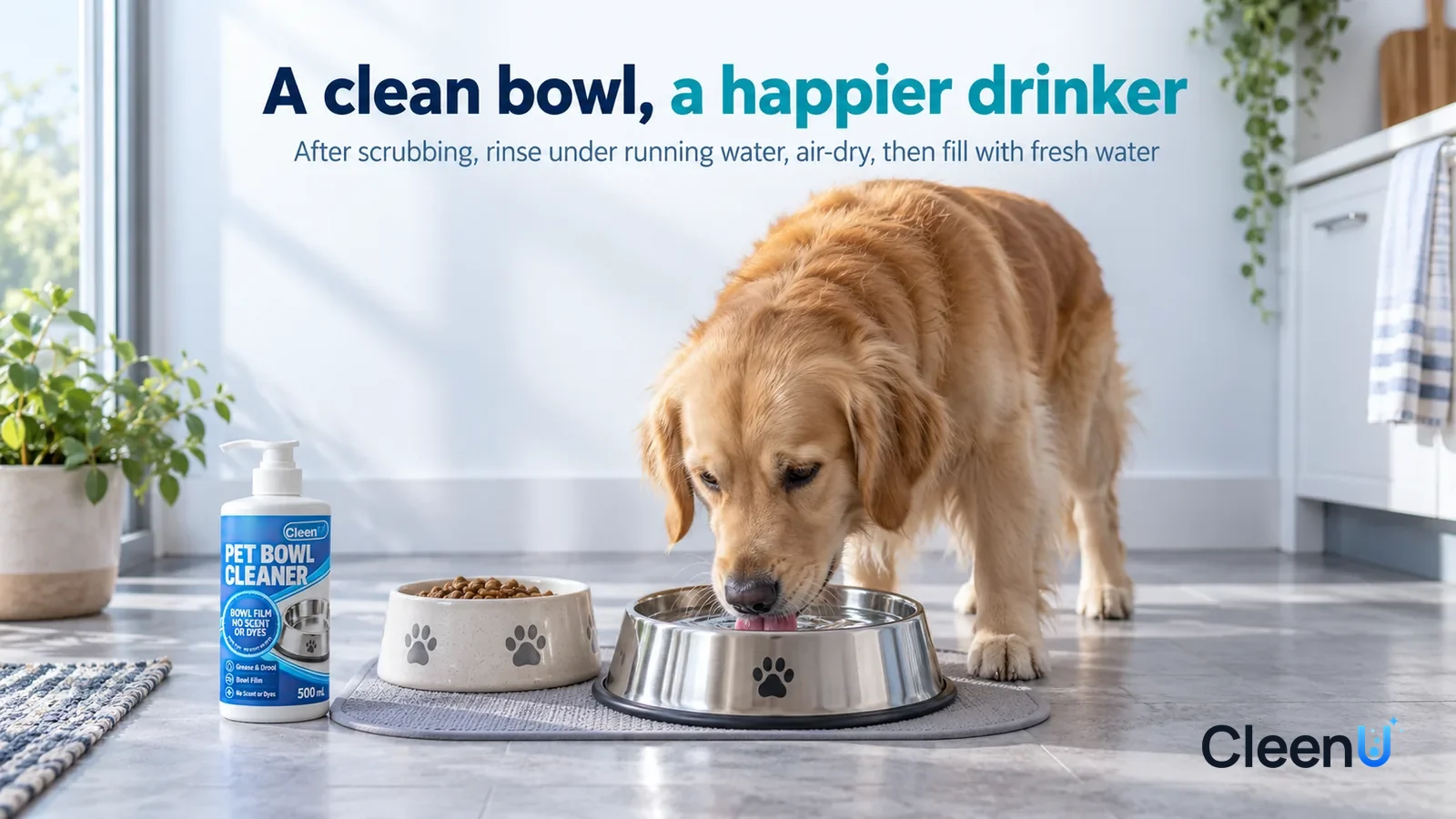 Illustration: CleenU Pet Bowl Cleaner — A bright early-morning kitchen corner, a shiny stainless-steel water bowl full of clear water on a light grey feeding mat Headline: "A clean bowl, a happier dri