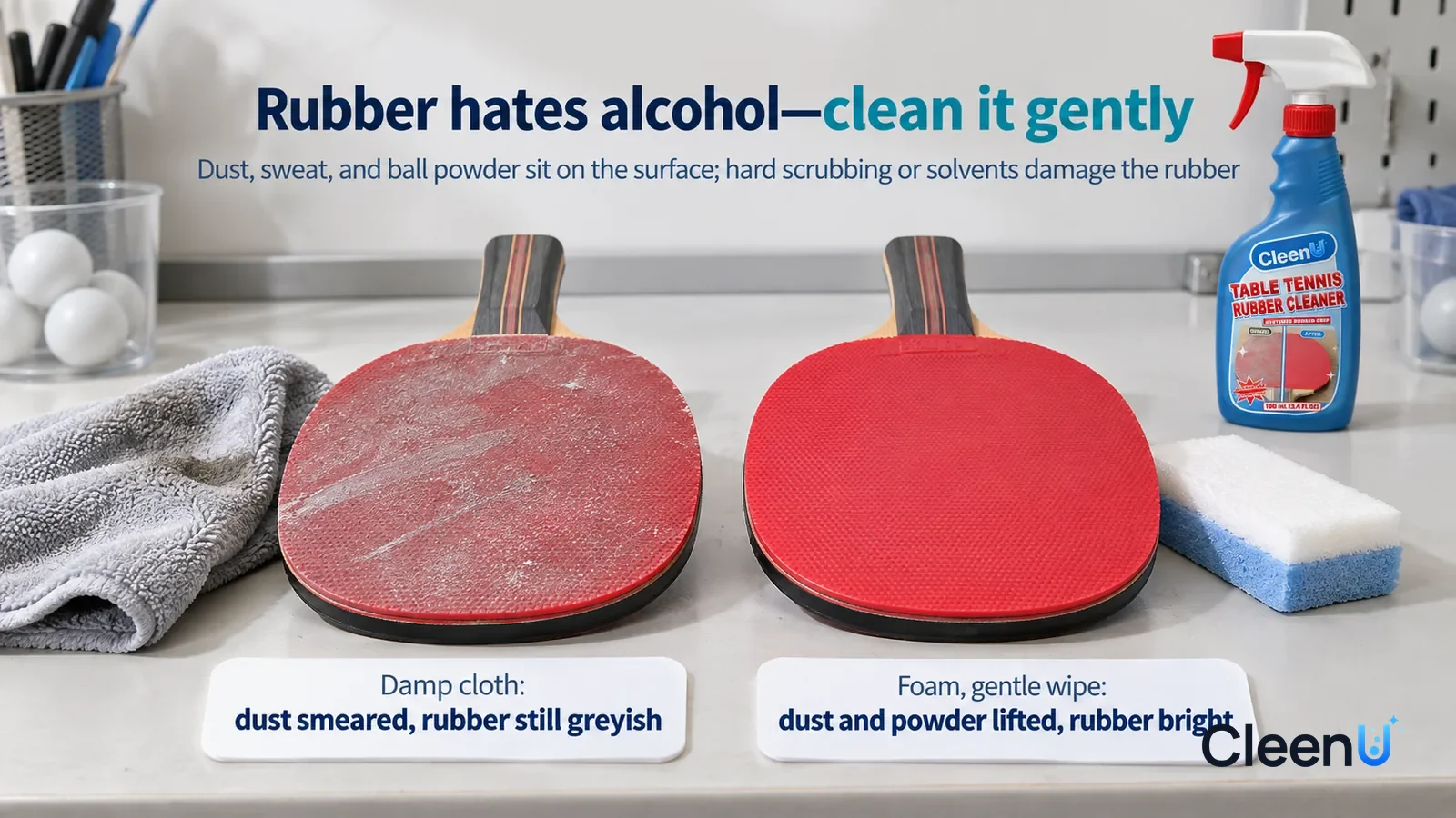 Illustration: CleenU Table Tennis Rubber Cleaner — A landscape medium close-up of a small experiment in a cleaning lab: two identical red inverted-rubber samples side by side on a white test Headline: