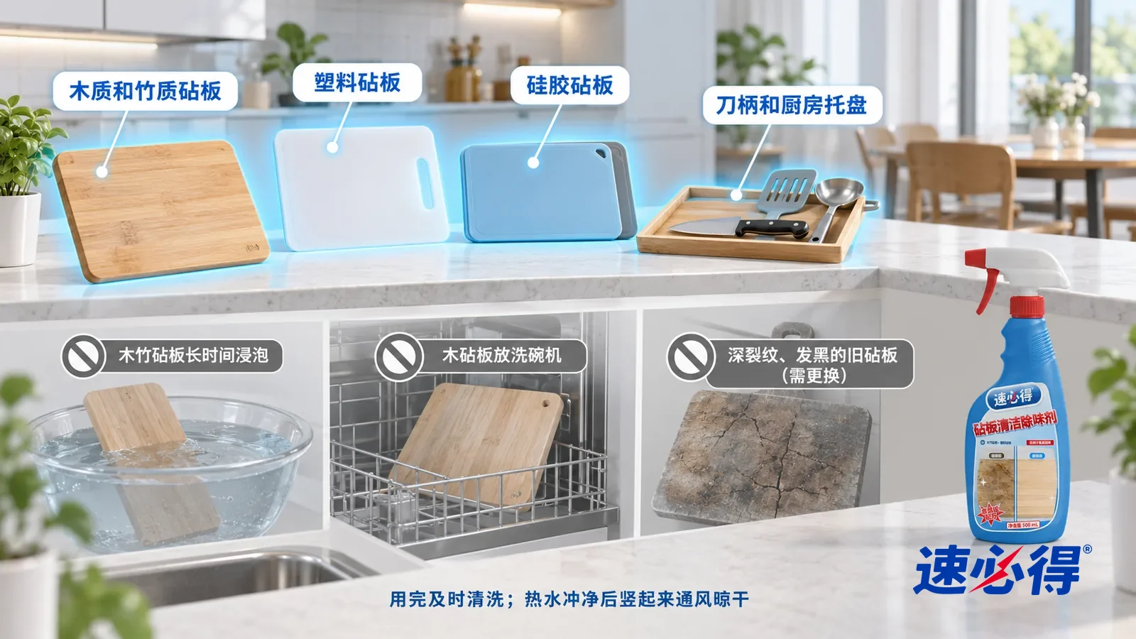 示意图：速必得砧板清洁除味剂——一张写实 3D 剖面实景图，一套明亮的家的厨房和餐厅区域，连续空间、一个视角，木砧板和竹砧板、塑料砧板、硅胶砧板