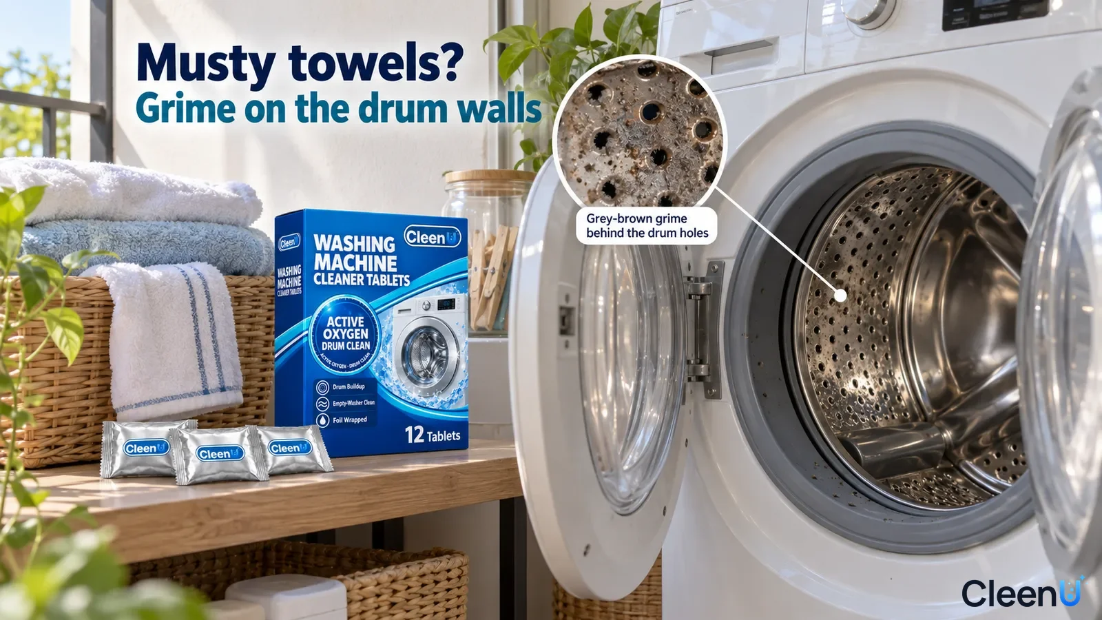 Illustration: Dark grime around washer drum holes beside a blue cleaner-tablet box and individual sachets.