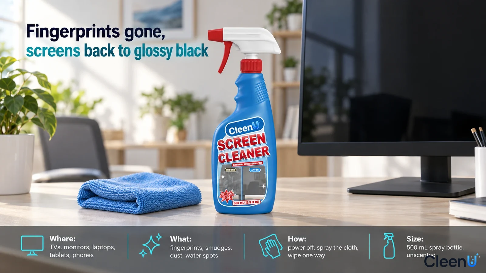 Illustration: A blue cleaner bottle and blue cloth on a desk in front of a black monitor.