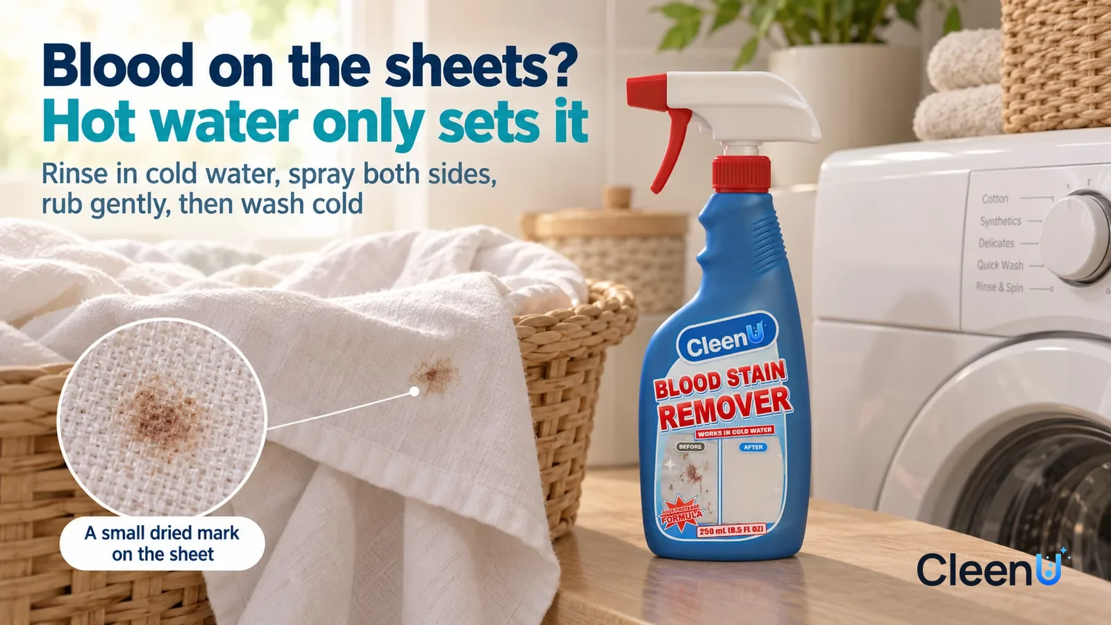 Illustration: CleenU Blood Stain Remover — A bright home laundry corner, a changed light-colored cotton sheet folded in the laundry basket Headline: "Blood on the sheets? Hot water only sets it"