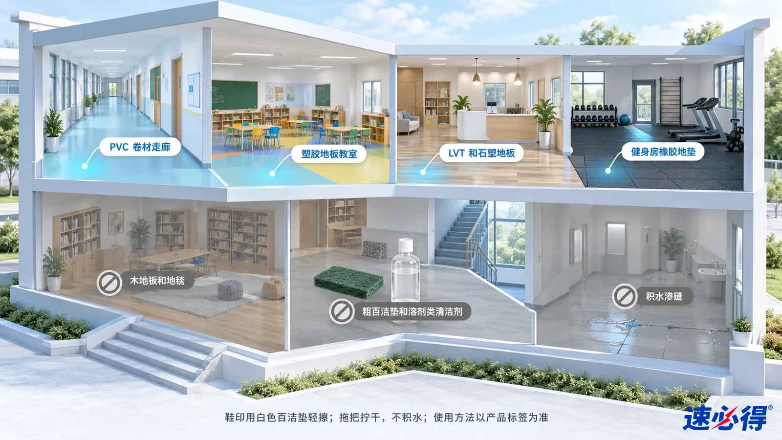 示意图:公共和家居空间的塑胶地面区域被突出显示,旁列材质注意事项。