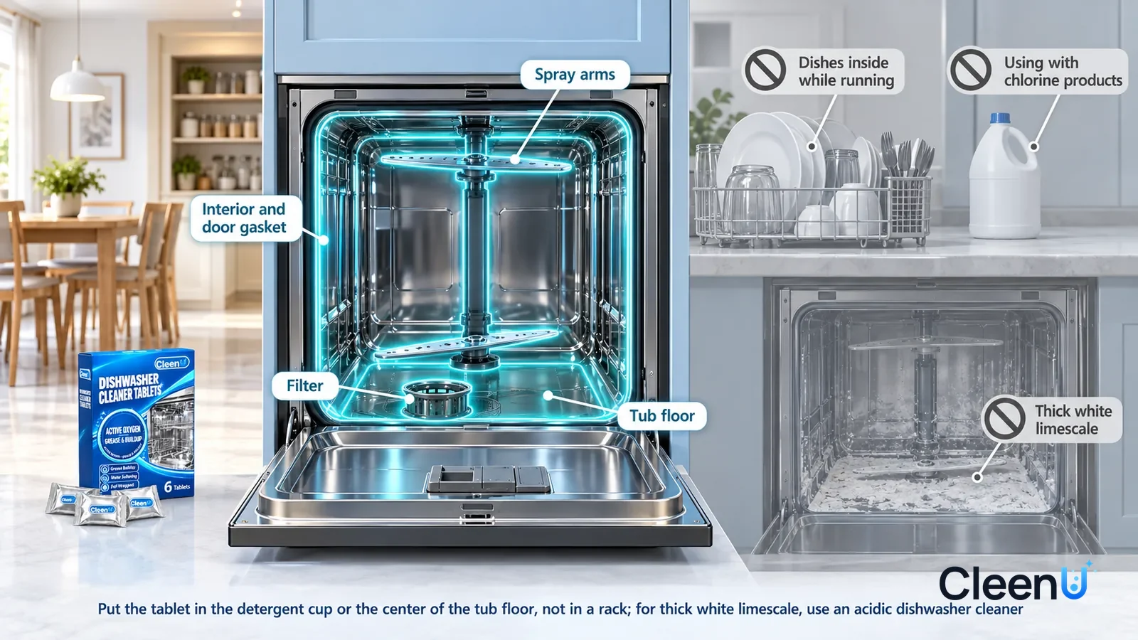 Illustration: CleenU Dishwasher Cleaner Tablets — A realistic 3D cutaway of a bright home's kitchen, dining room, and pantry, one continuous space from one viewpoint
