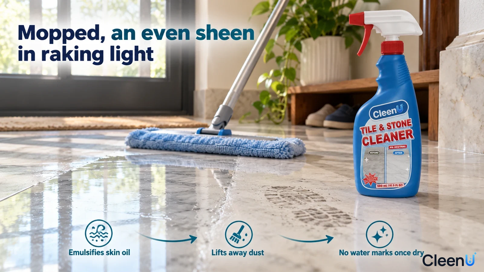 Illustration: A blue flat mop on a reflective stone floor beside a blue bottle.