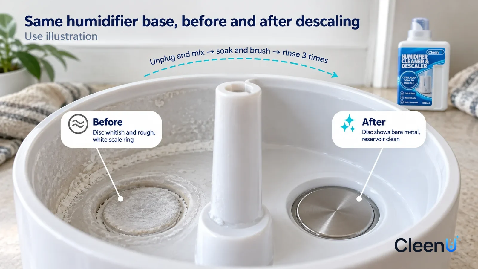 Illustration: CleenU Humidifier Cleaner & Descaler — A full-screen low-angle close-up of a white humidifier's base reservoir (no brand marks, unplugged) in the same side light