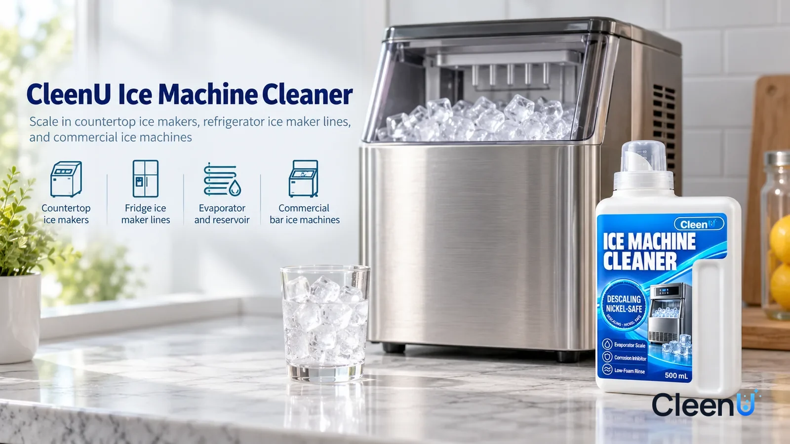Illustration: CleenU Ice Machine Cleaner — A bright, clean kitchen, a stainless-steel countertop ice maker (no brand marks) on the counter, clear ice cubes piled in its basket