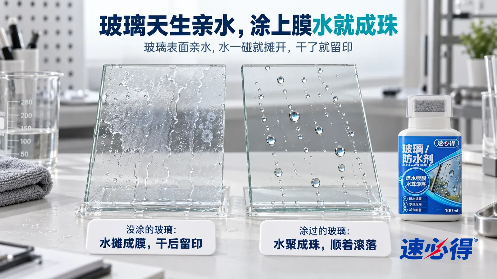 示意图：速必得玻璃防水剂——白色测试台上并排斜立着两块同样的透明玻璃样板，淋上了同样多的水，标题“玻璃天生亲水，涂上膜水就成珠”