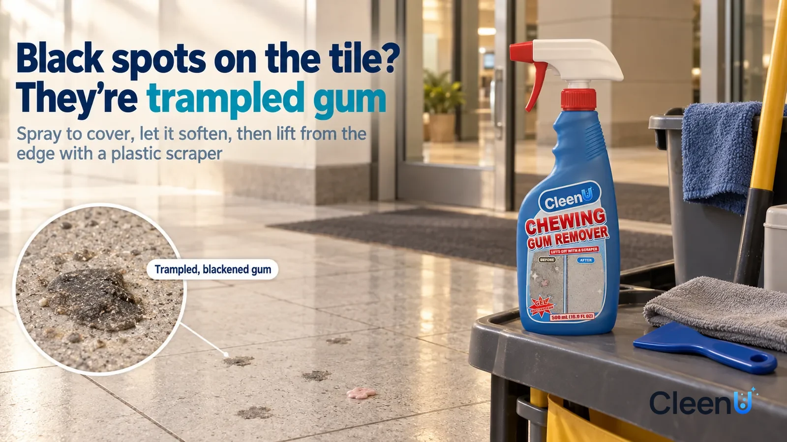 Illustration: CleenU Chewing Gum Remover — A bright mall entrance; in side light, several pieces of trampled, blackened gum show on the light grey floor tile Headline: "Black spots on the tile? They'r