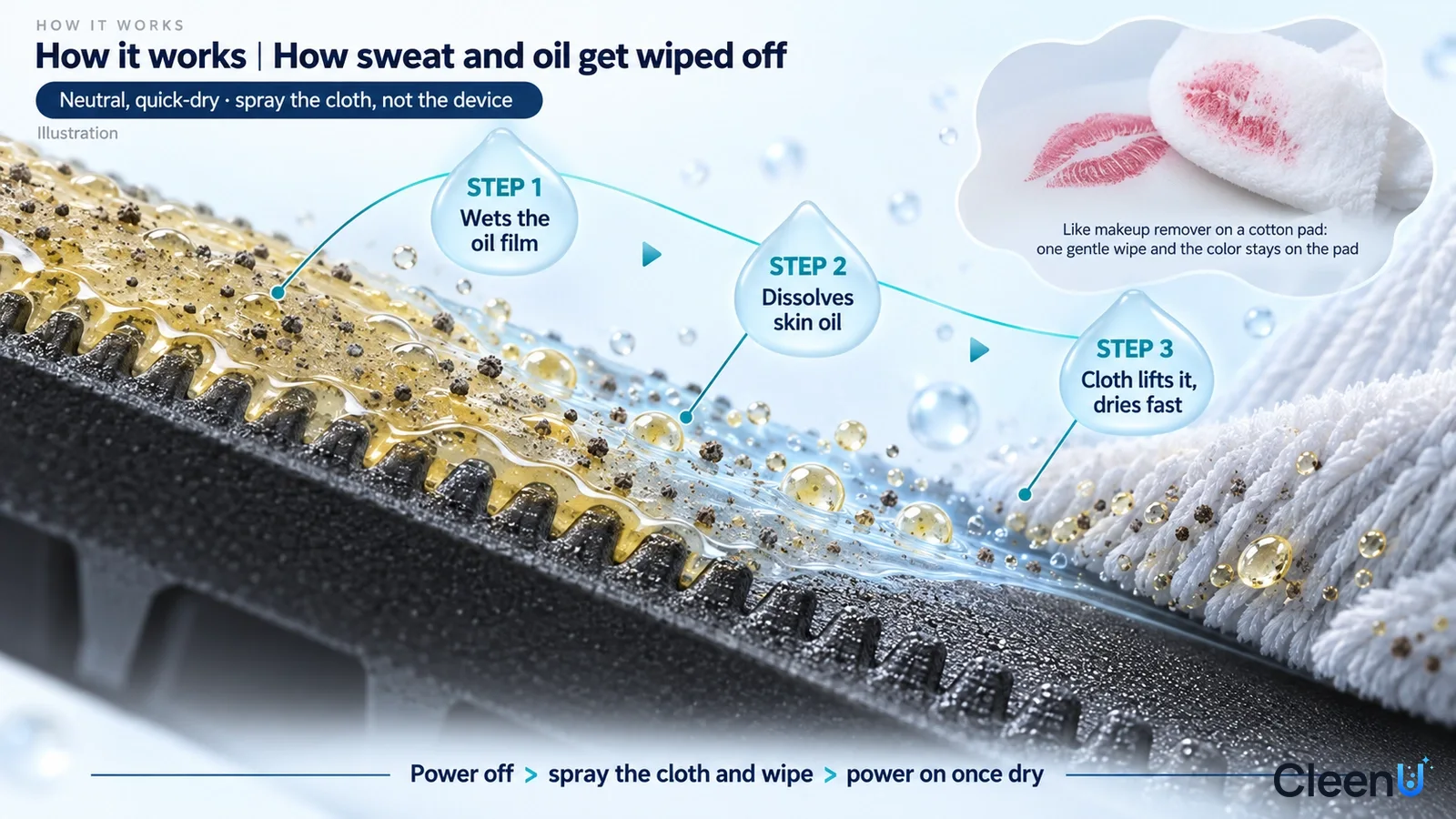 Illustration: A keyboard surface cross-section with yellow oil particles, drops and a cleaning cloth.
