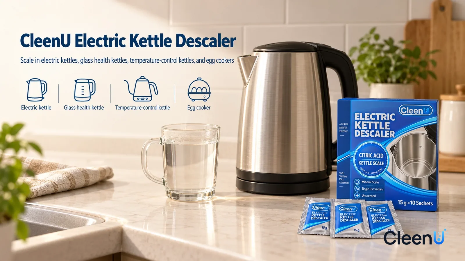 Illustration: CleenU Electric Kettle Descaler — A bright, clean kitchen, a stainless-steel electric kettle (no brand marks) on its base, a glass of clear hot water beside it