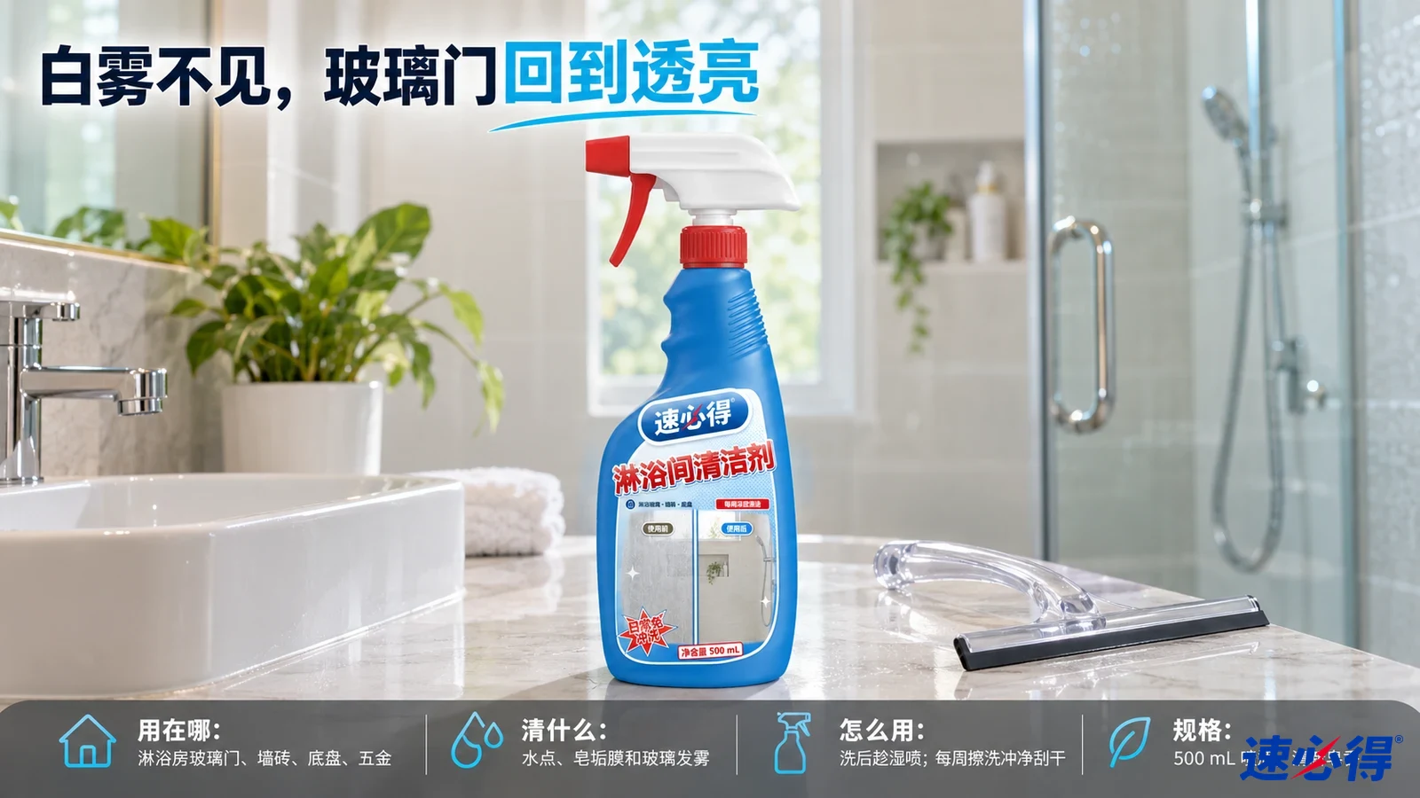 示意图：蓝色喷瓶、折叠灰毛巾和刮水器摆在淋浴间旁的台面。