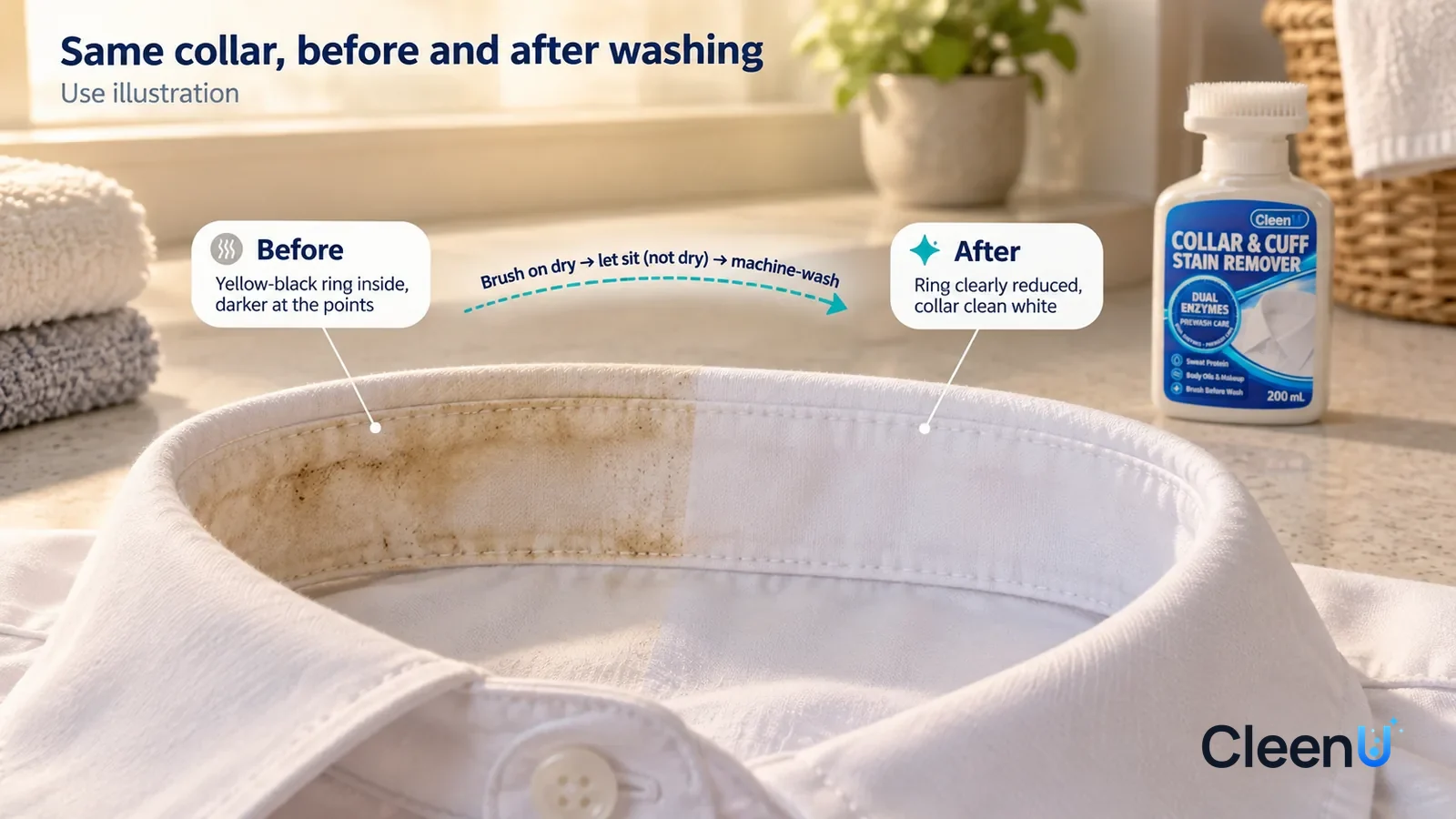 Illustration: CleenU Collar & Cuff Stain Remover — A full-screen low-angle close-up of the inside of a white shirt collar laid flat on a light counter, in the same window light