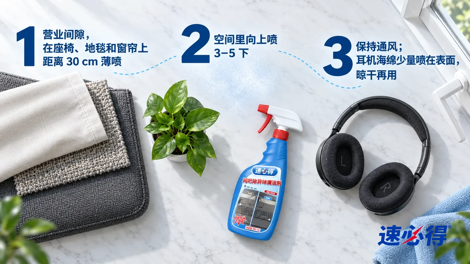 示意图：速必得网吧除异味清洁剂——正上方俯拍的浅色大理石台面，不出现瓶子和手：① 三块叠放的织物样：深灰座椅面料、一小块地毯和一角浅色窗帘布，表面干爽