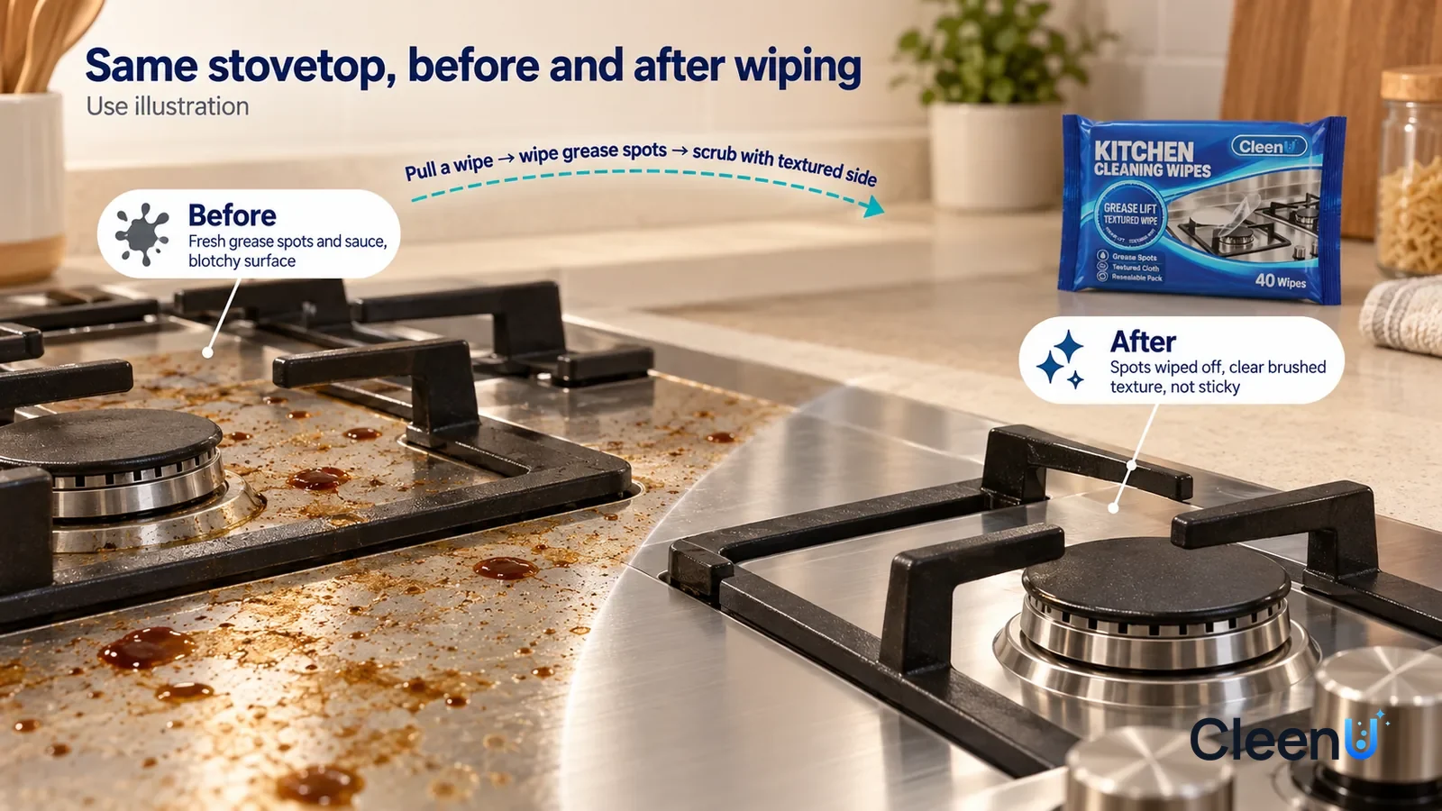 Illustration: CleenU Kitchen Cleaning Wipes — A full-screen low-angle close-up of a stainless-steel gas stovetop, burners off, in the same window light