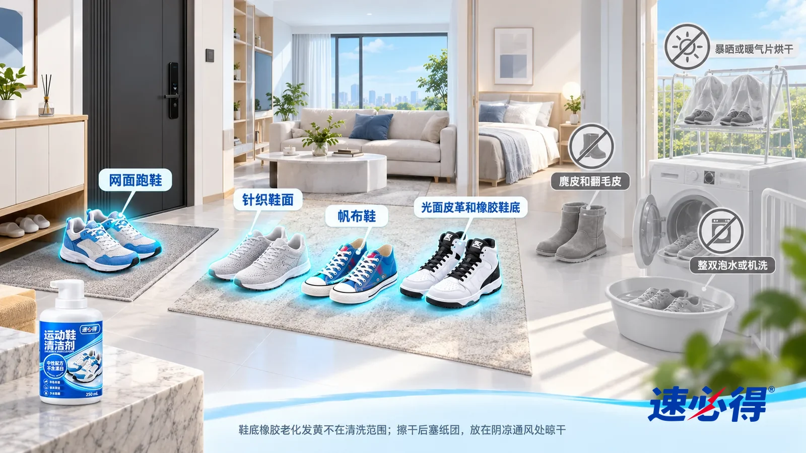 示意图：速必得运动鞋清洁剂——一张写实 3D 剖面实景图，一套明亮的家的玄关、客厅、卧室和阳台区域，连续空间、一个视角，不出现瓶子：网面跑鞋、针织鞋面运动鞋、彩色帆布鞋
