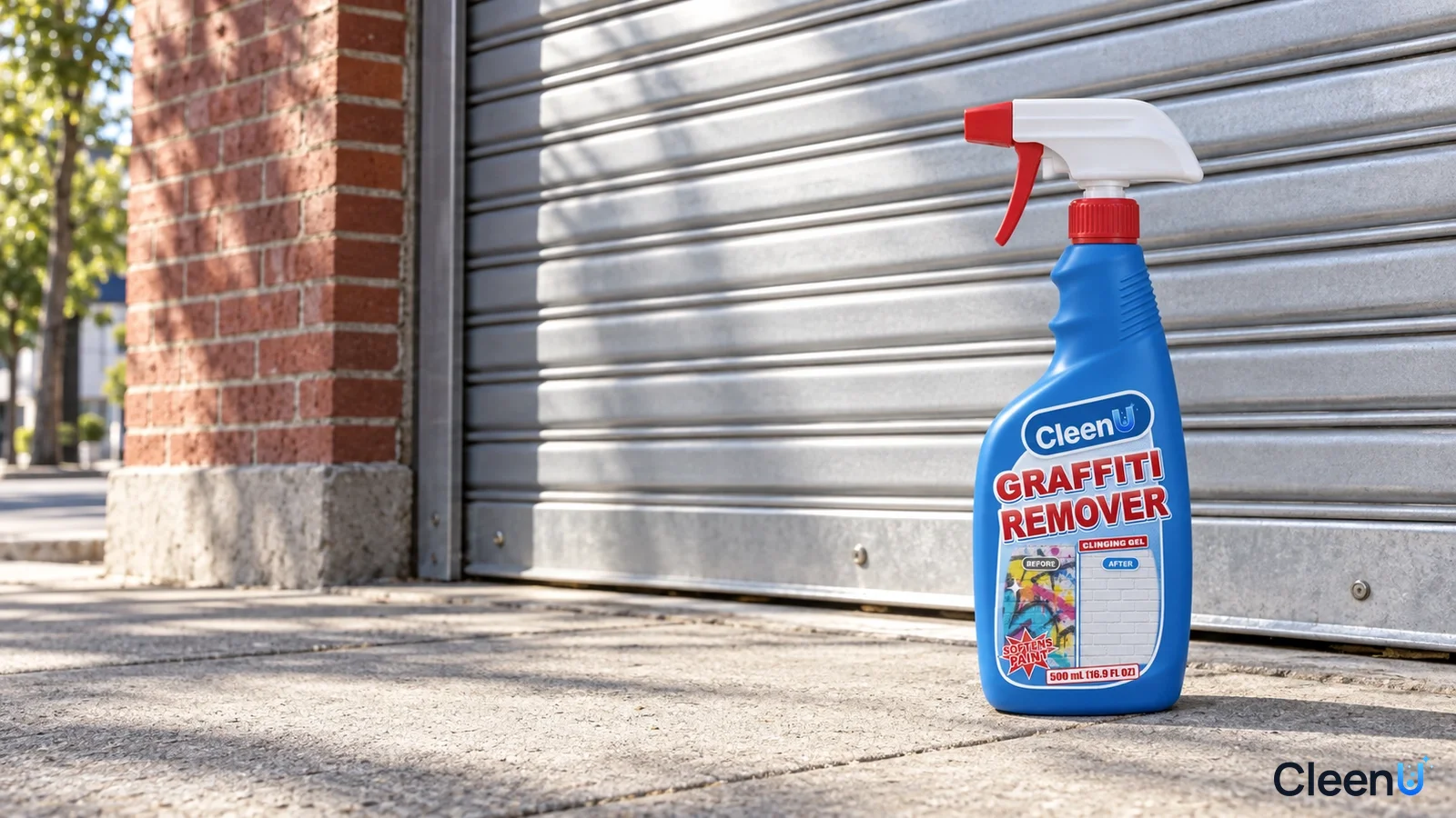 Illustration: A blue cleaner bottle in front of a silver roll-up door beside a brick wall.