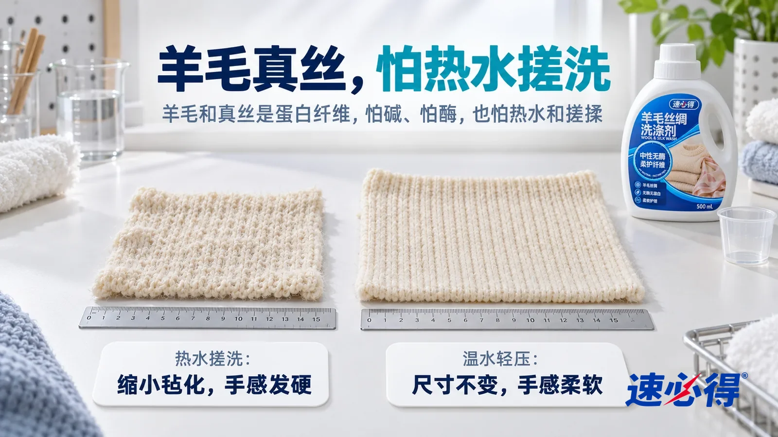 示意图：速必得羊毛丝绸洗涤剂——白色测试台上并排平铺着两块原本一样大的米白色羊毛针织样片，下面各垫一把同样的直尺，标题“羊毛真丝，怕热水搓洗”