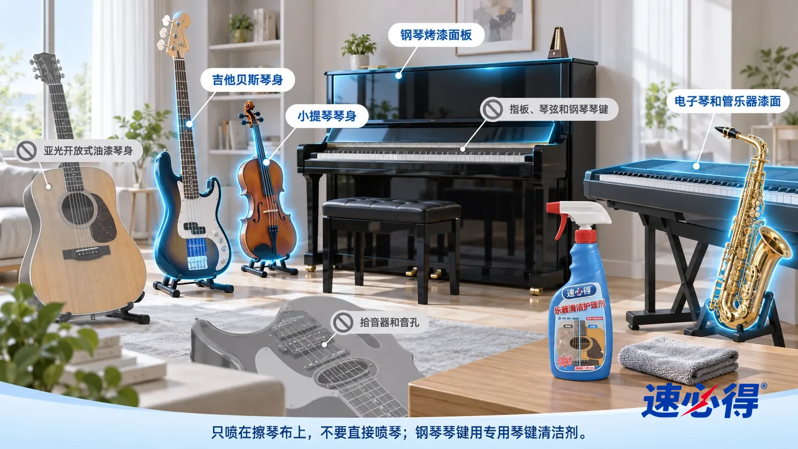 示意图：速必得乐器清洁护理剂——一张写实 3D 剖面实景图，一套明亮的家的琴房和客厅区域，连续空间、一个视角，吉他和贝斯琴身、小提琴琴身、立式钢琴烤漆面板
