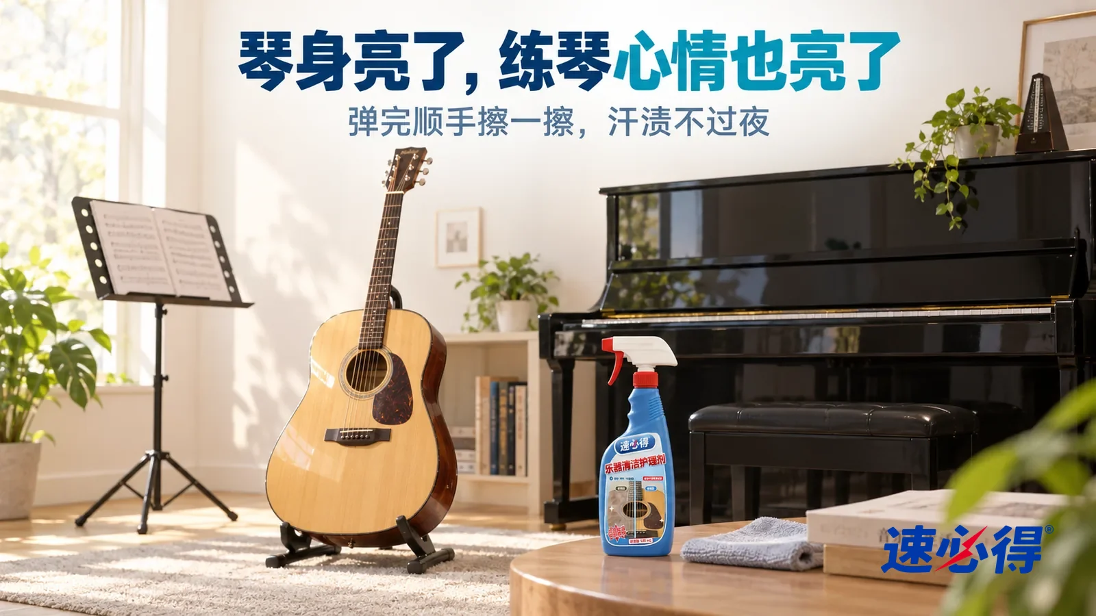 示意图：速必得乐器清洁护理剂——午后明亮的琴房，一把光亮的木吉他（无品牌标志）立在琴架上，旁边一台黑色立式钢琴琴盖合着，漆面映着柔和的窗光，一个空谱架，标题“琴身亮了，练琴心情也亮了”