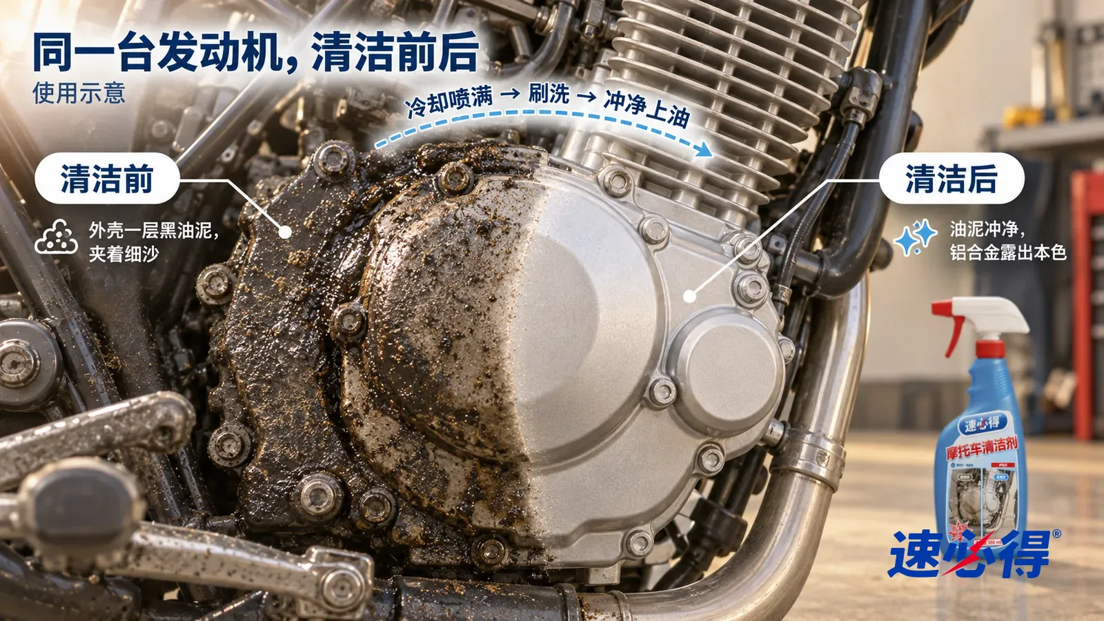 示意图:速必得摩托车清洁剂——整屏一台摩托车发动机外壳和散热片的低角度大近景(无车标、无文字),同一侧光,没处理的一侧糊着黑色油泥、夹着细沙;处理过的一侧铝合金干净均匀
