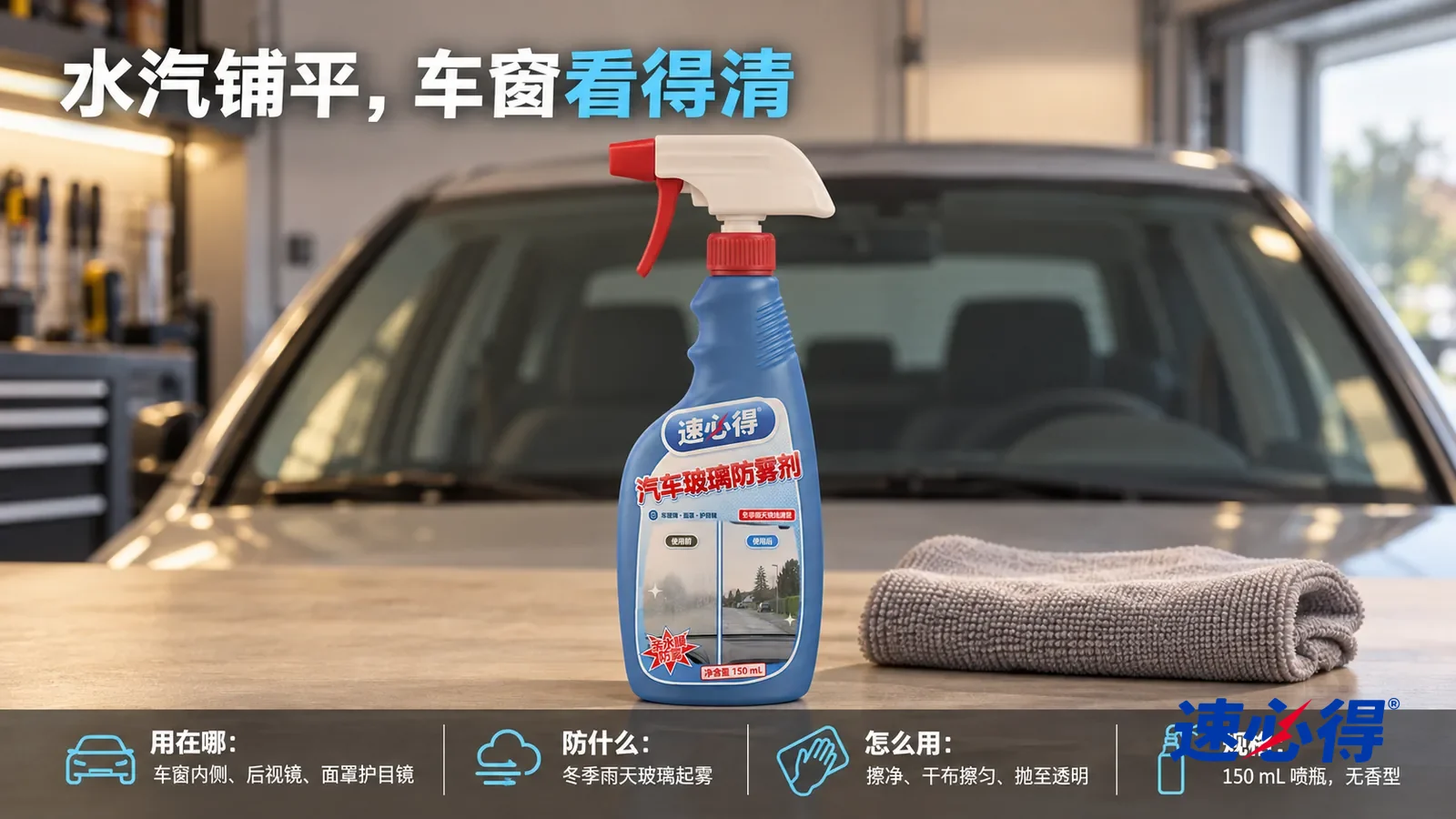 示意图：速必得汽车玻璃防雾剂——同一辆停稳的无品牌家用车，灰色内饰、中央扶手箱，冷色清晨窗光；无人驾驶、无人行驶中操作