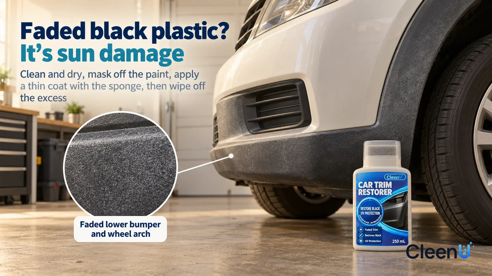 Illustration: CleenU Car Trim Restorer — A clean home garage, one front corner of a light-colored family car with no logos and no plate; in raking side light Headline: "Faded black plastic? It's sun d
