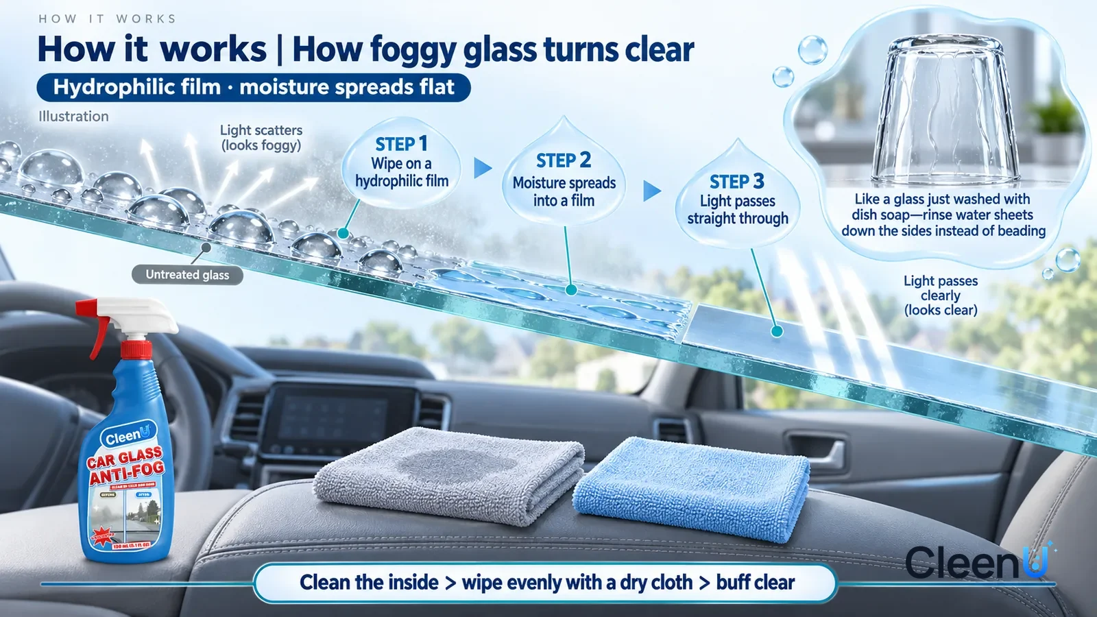 Illustration: CleenU Car Glass Anti-Fog — use one parked unbranded family car with grey interior and center armrest in cool morning window light, no driving or in-motion application