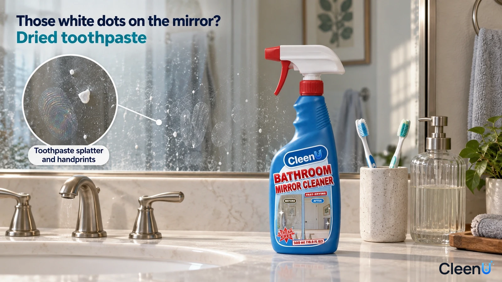 Illustration: White toothpaste spots on a mirror beside a blue bathroom mirror cleaner bottle on a vanity.