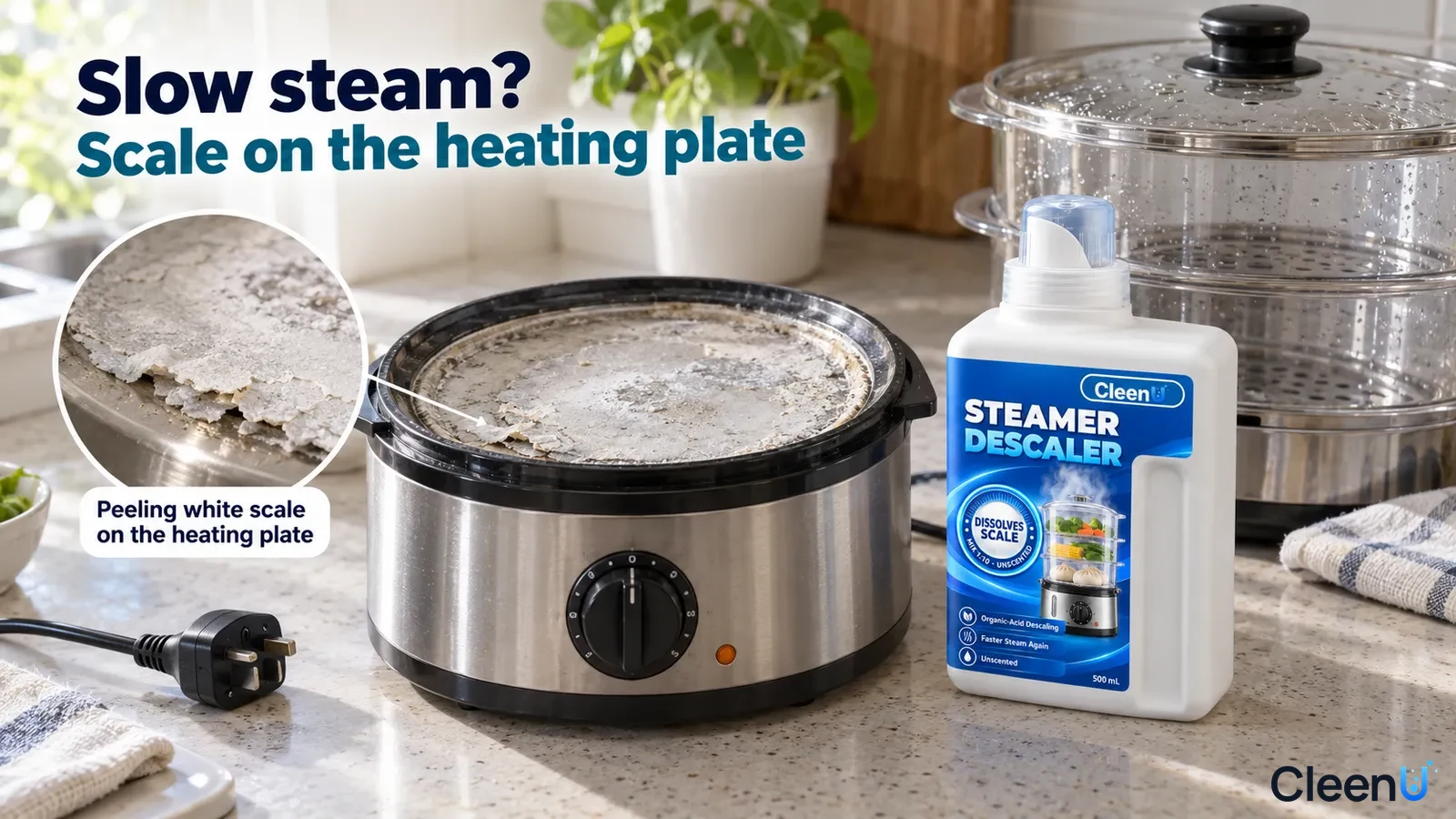 Illustration: White scale on an electric steamer heating plate beside a white descaler bottle and stacked steamer.