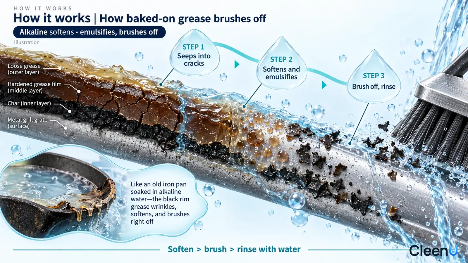 Illustration: A cross-section of burnt grease on a grill grate, drops and bristles illustrating loosening and brushing.