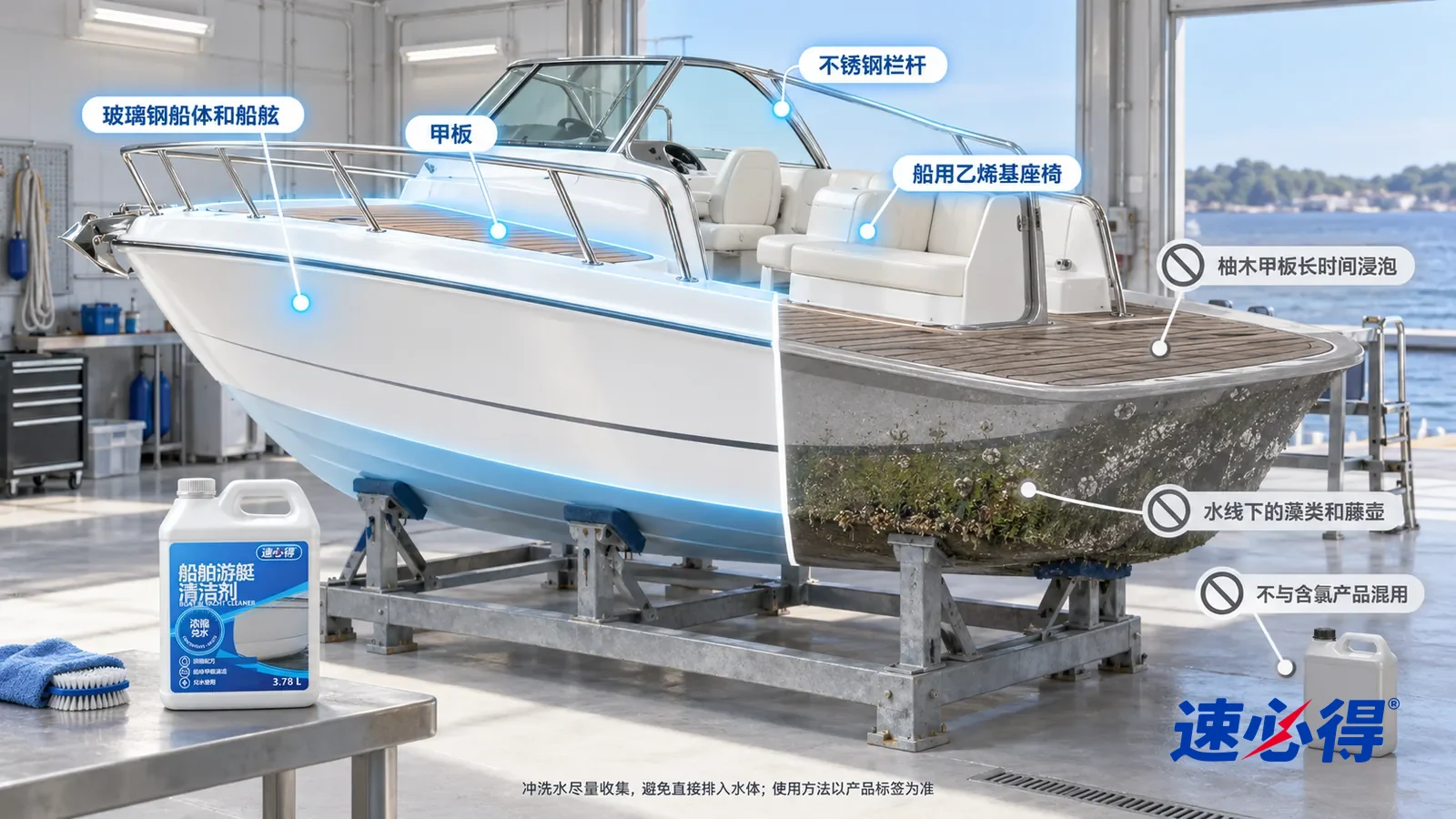 示意图:速必得船舶游艇清洁剂——一张写实 3D 剖面实景图,一座明亮的海边船库,船架上停着一艘被剖开一侧的白色小游艇(没有船名、编号和品牌标志),连续空间、一个视角