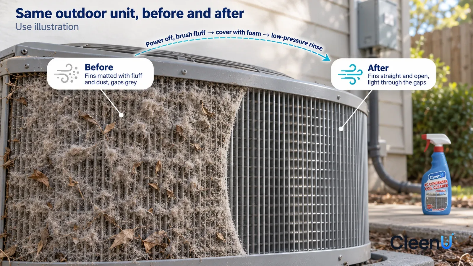Illustration: CleenU AC Condenser Coil Cleaner — no soil residue or faint marks, preserving the material’s natural finish