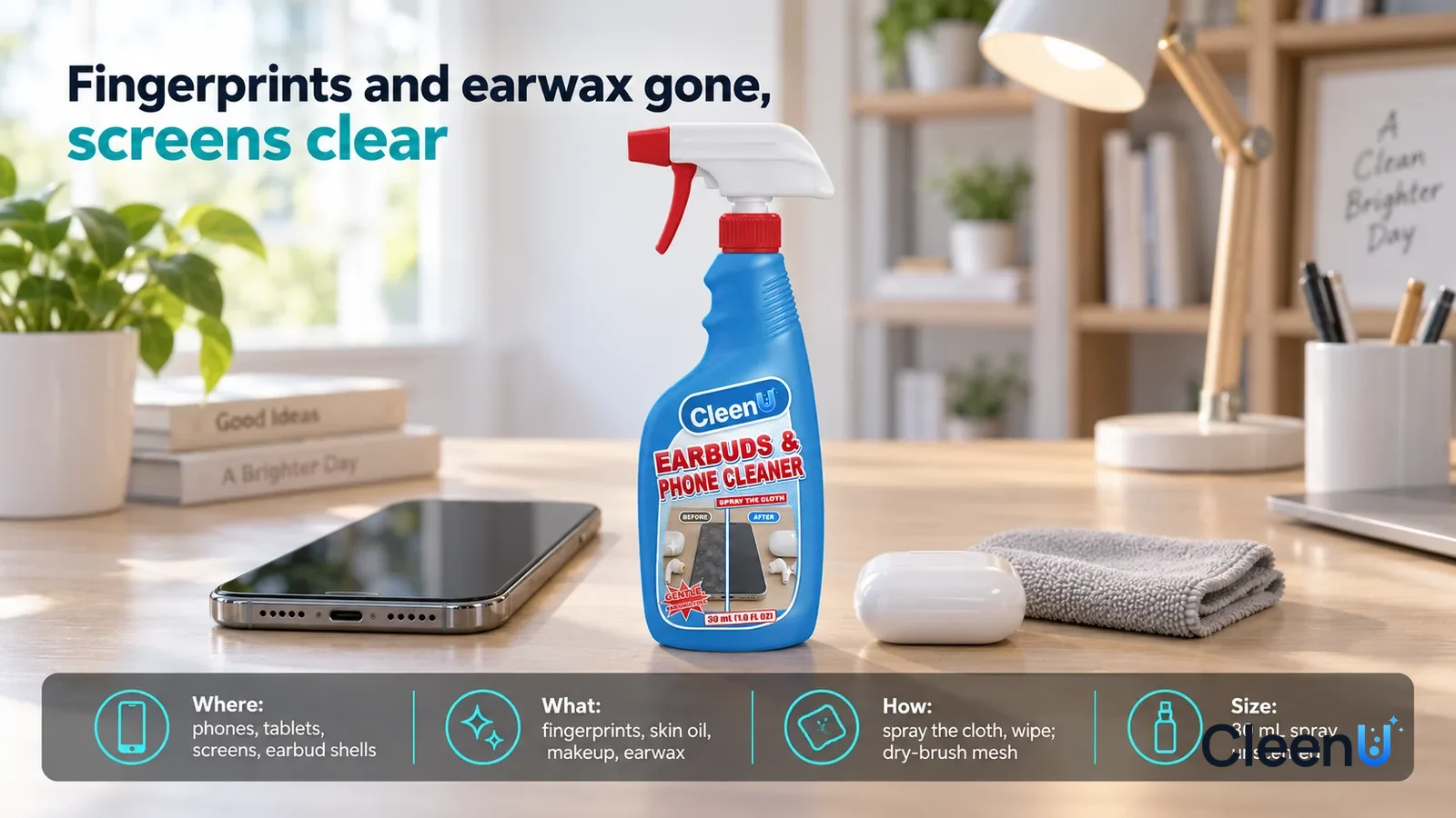 Illustration: CleenU Earbuds & Phone Cleaner stands centered on the desk, a folded light grey microfiber cloth and a closed white earbud charging case (no logo) beside it