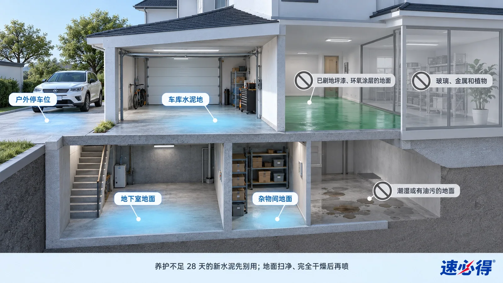 示意图：车库及下层空间的水泥地面被突出显示，旁边列有使用注意事项图标。