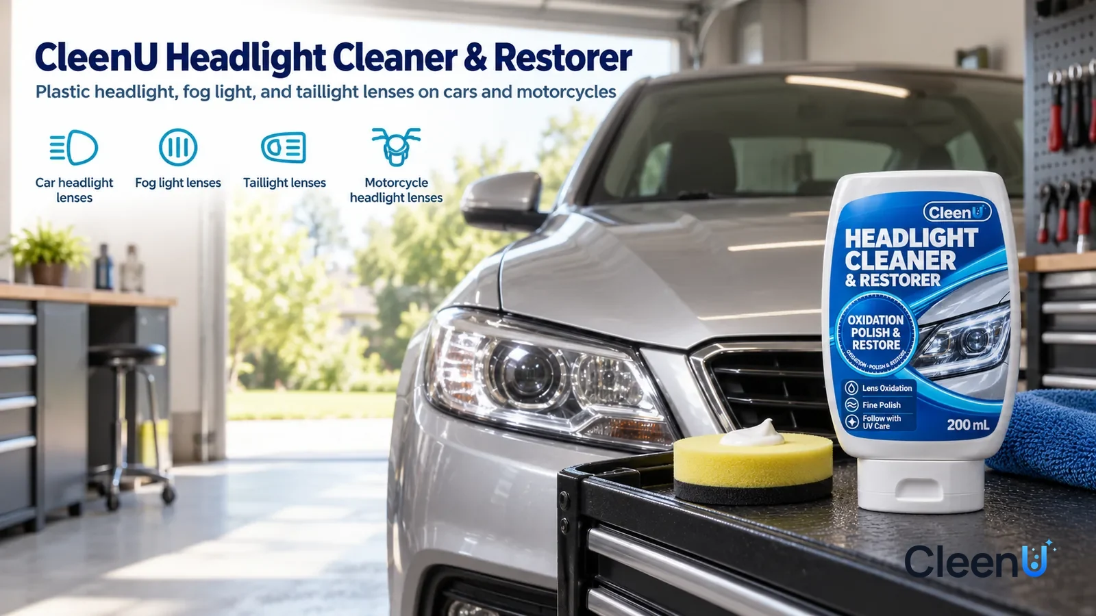Illustration: CleenU Headlight Cleaner & Restorer — A bright, tidy home garage, a family sedan (no logos, no license plate numbers) facing the camera with clear headlight lenses