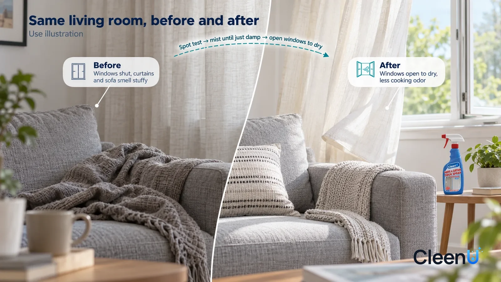 Illustration: CleenU Fabric & Curtain Odor Spray — A full-screen low-angle close-up of the same cream linen curtain and the grey fabric sofa in front of the window