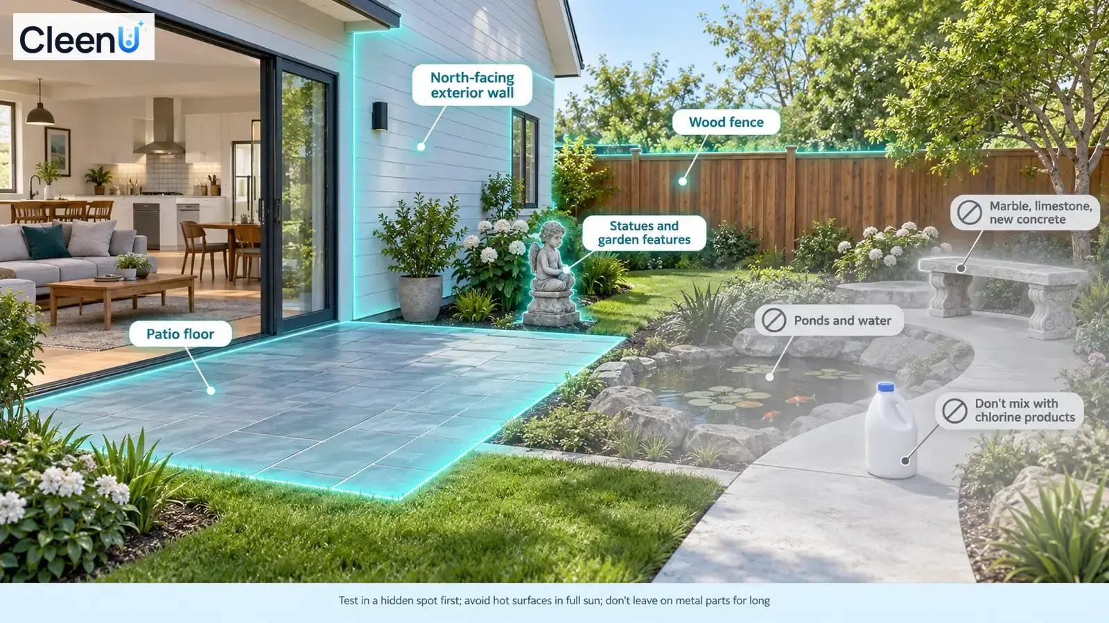 Illustration: Highlighted garden paving, walls and fencing beside material precautions.