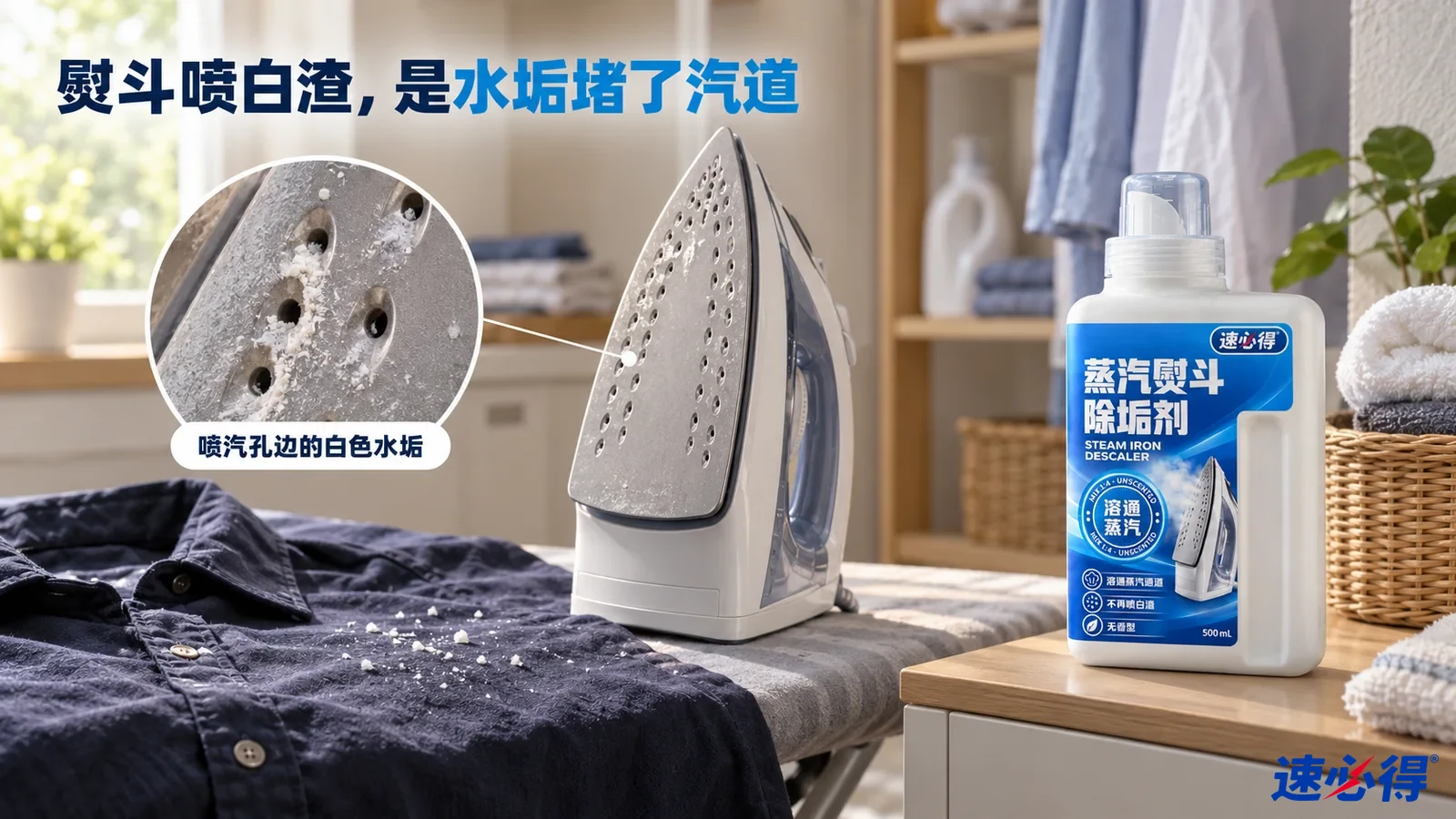 示意图：熨斗底板喷汽孔的白色水垢、黑衣服上的白色碎屑和白色除垢剂瓶。