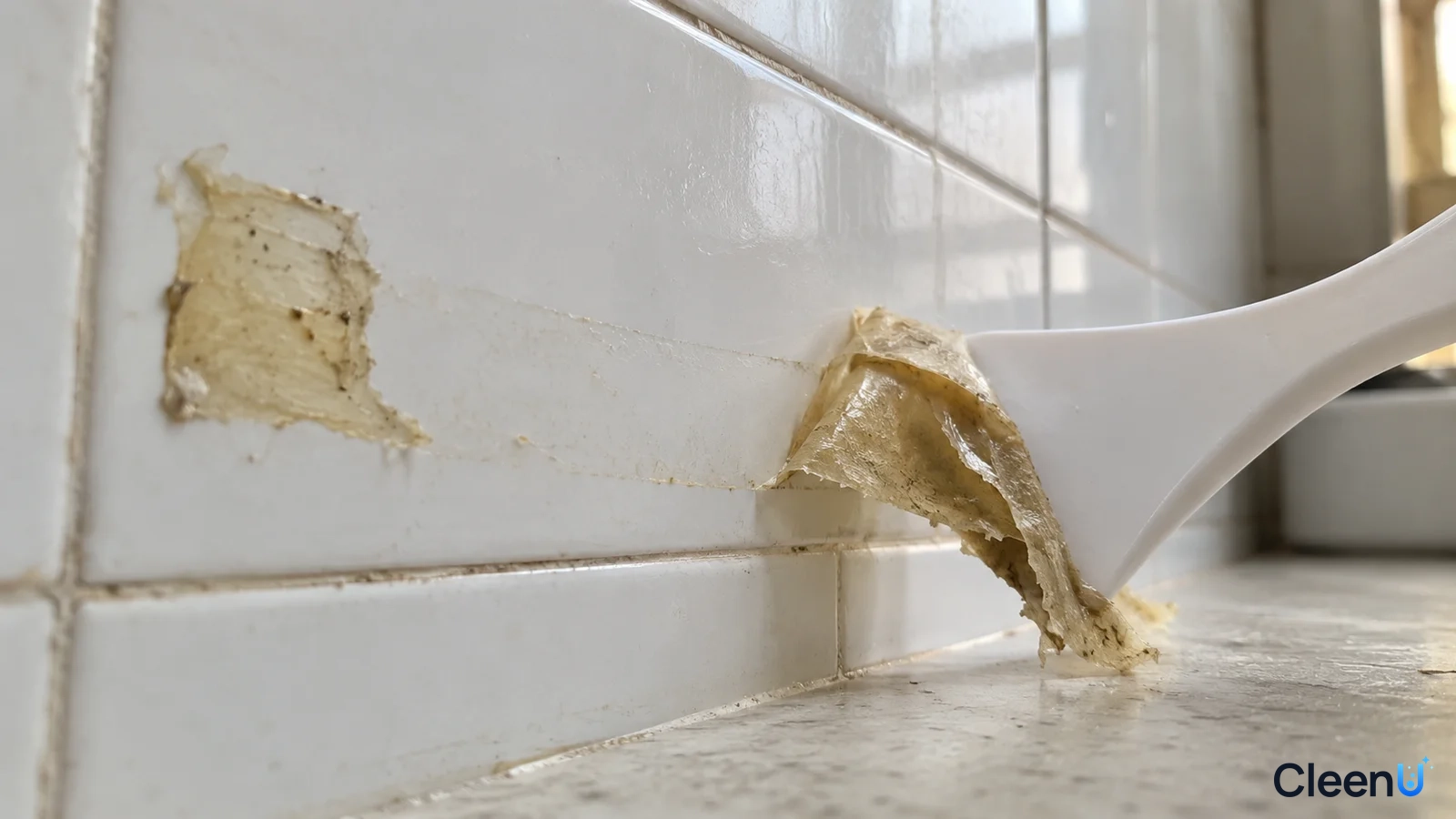 Close-up illustration of a white plastic scraper lifting yellow adhesive residue from white tile.