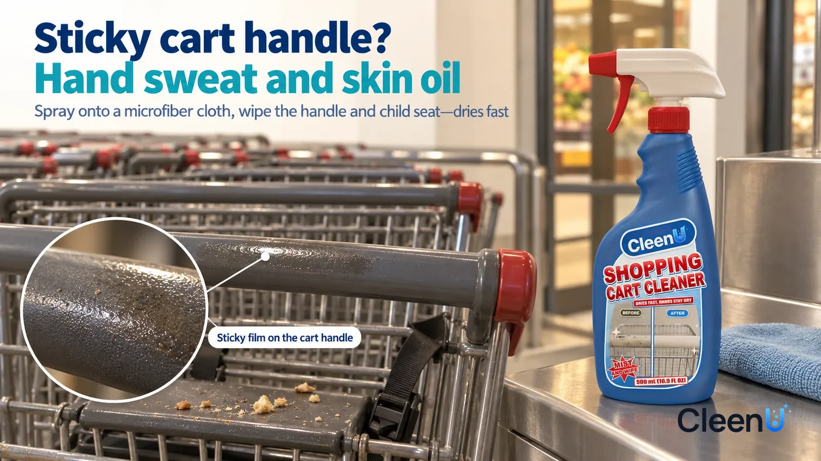 Illustration: CleenU Shopping Cart Cleaner — A cart corral at a supermarket entrance with no sign text, a row of metal shopping carts neatly nested together; in raking light the dark Headline: "Sticky
