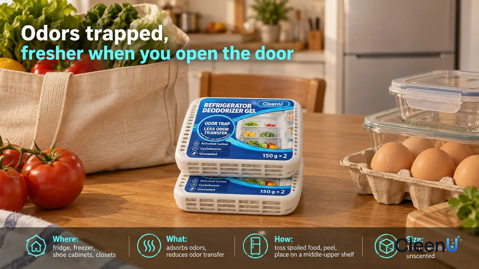 Illustration: CleenU Refrigerator Deodorizer Gel — beside a cloth shopping bag just brought home, two boxes of the product lie stacked flat on the table, label tops facing the camera